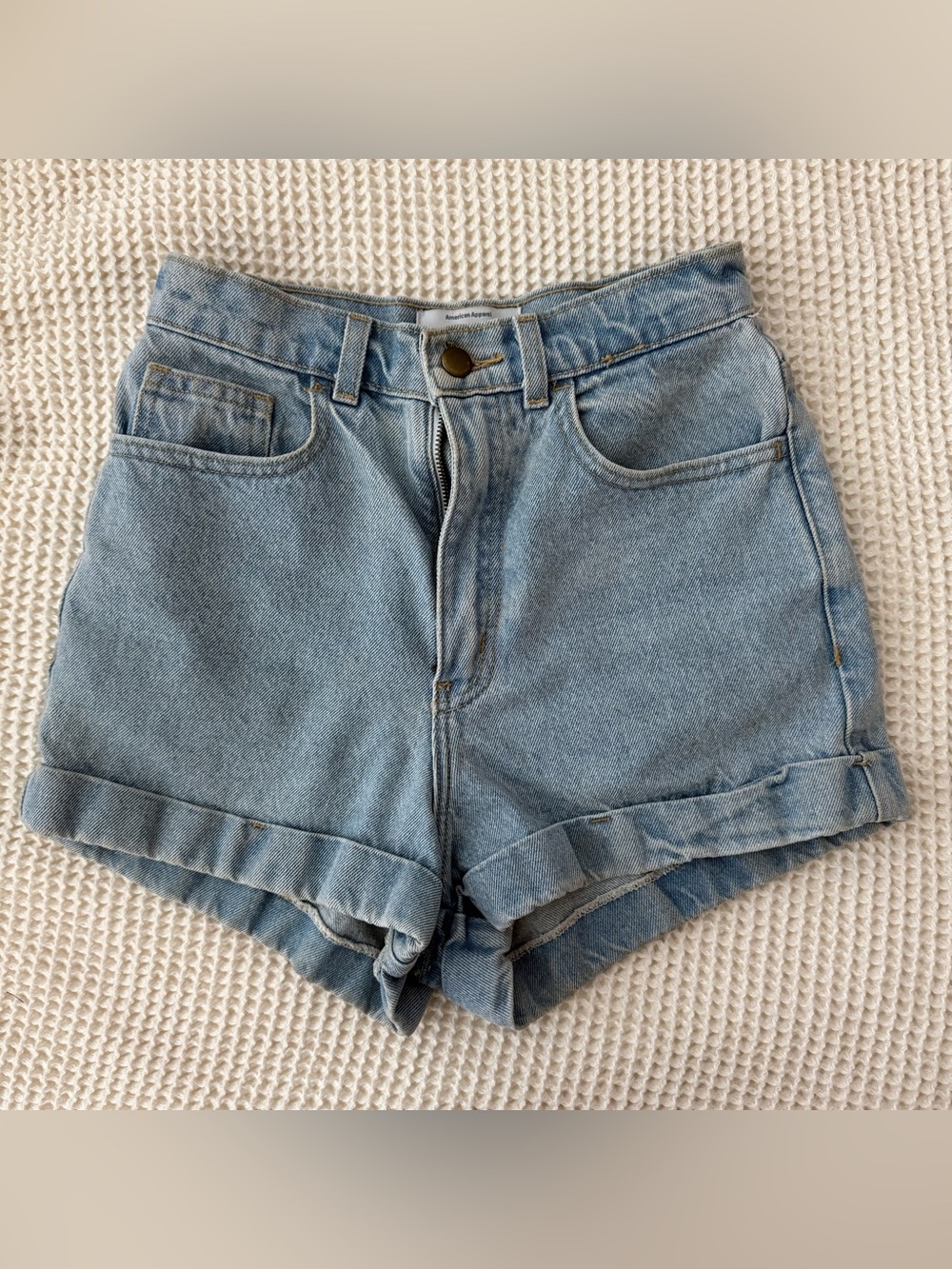 american apparel high waisted light wash 100% cotton made in the usa shorts